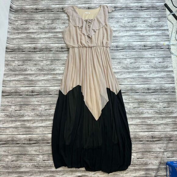 Vivayou Women's Maxi Dress Tan Beige Black Accordion Pleat L LG Large Ruffle - Picture 14 of 15